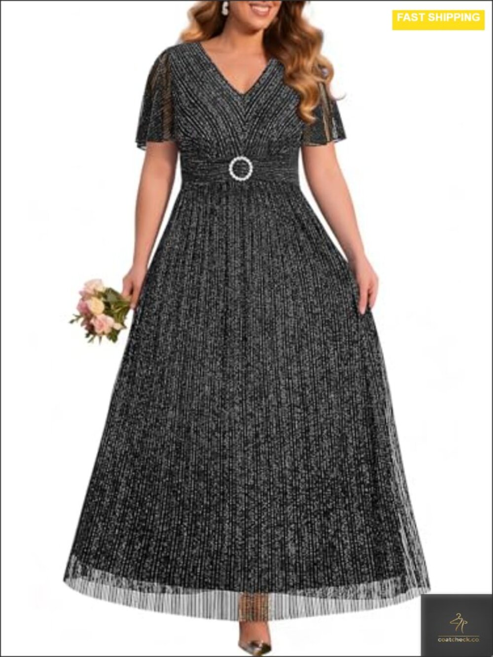 Plus Size Glitter Formal Prom Dress V-Neck Short Sleeve Floor Length Wedding